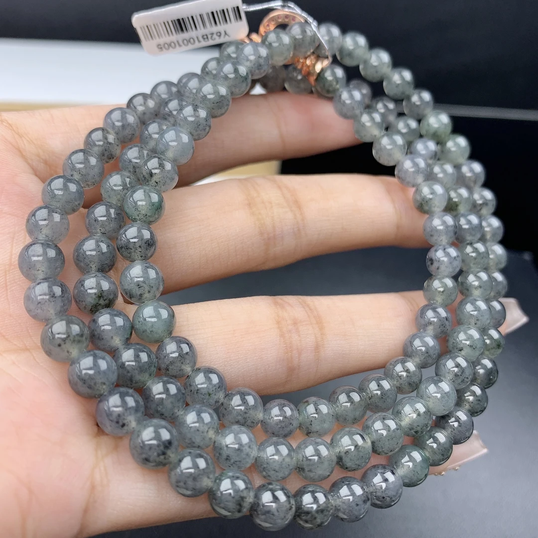 缅甸A货翡翠黑钢乌鸡花项链珠链圆珠多圈长串5T卡6.3mm660mm