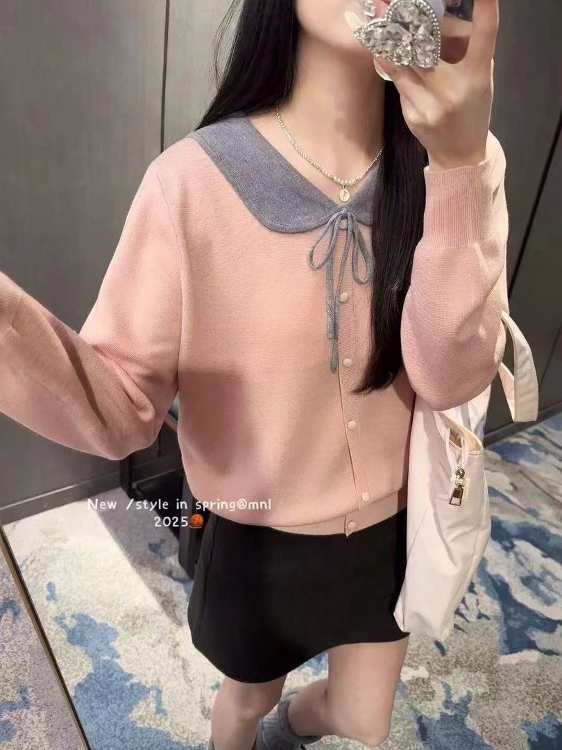 开衫百搭圆领网红毛针织衫甜美风蝴蝶结娃娃领秋季
