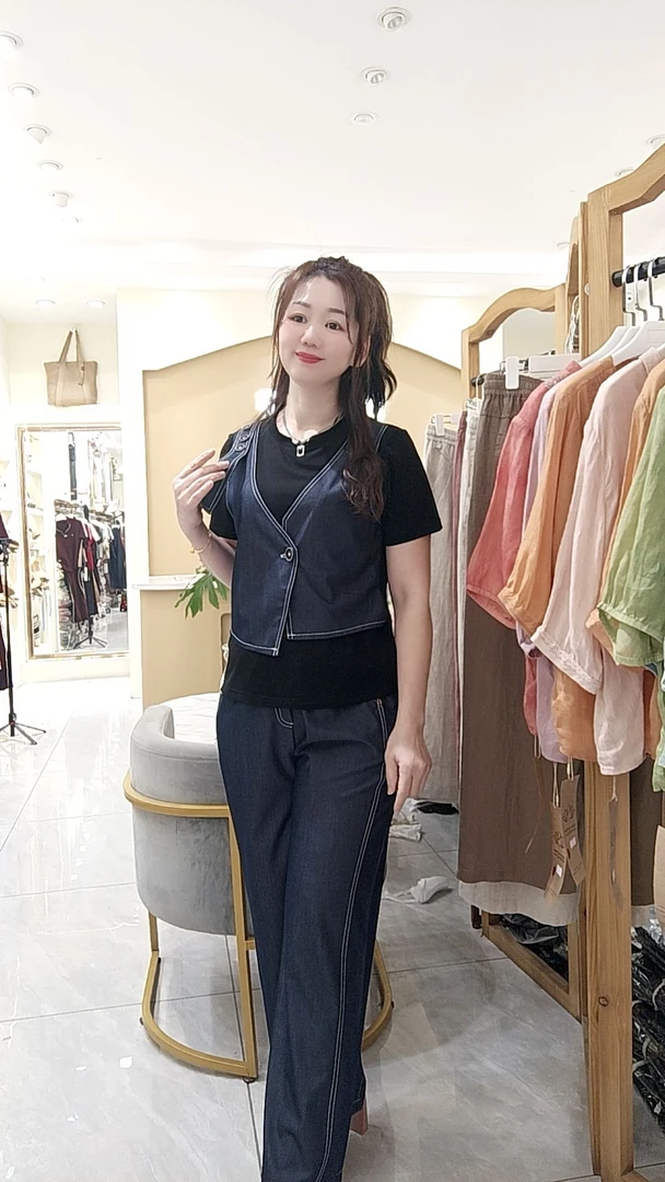 时尚套装女2025夏季新款洋气假两件牛仔拼接短袖阔腿裤休闲两件套