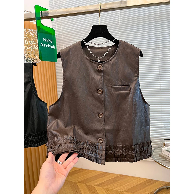 2025早秋流行叠穿高级感皮马甲小外套女复古时髦花边开衫短款马夹