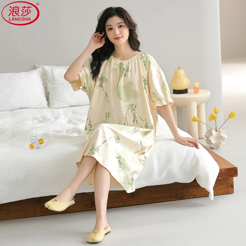浪莎睡裙女夏季短袖纯棉2025新款碎花连衣裙子中长款小清新家居服