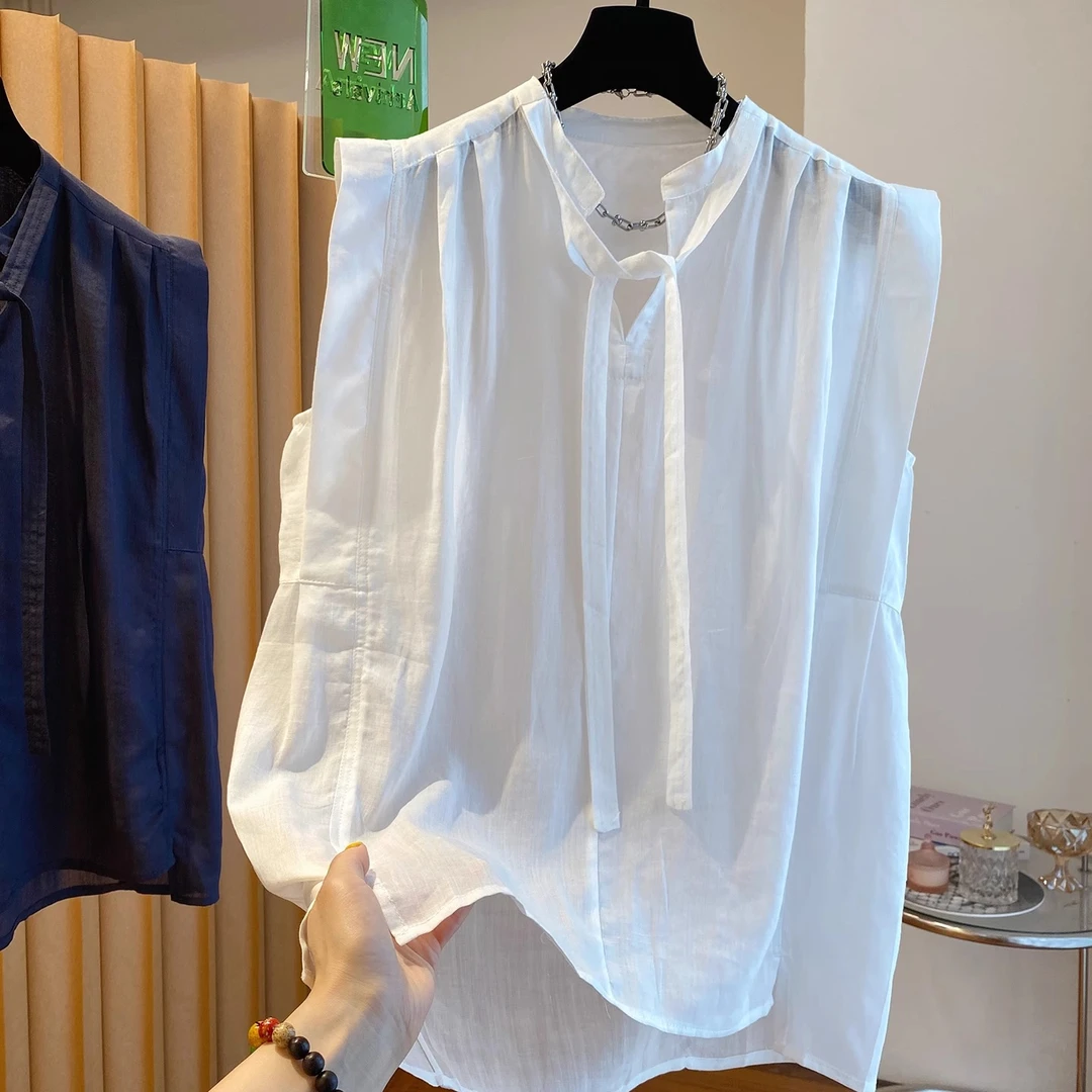 高级感白色无袖衬衫女夏2025新款宽松别致独特漂亮超好看气质上衣