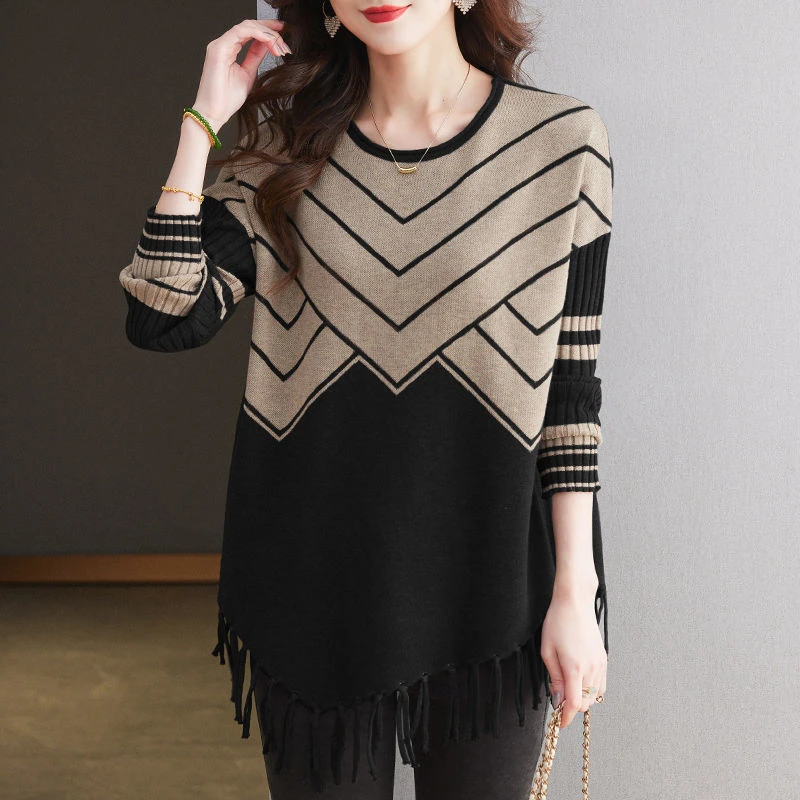 2025秋冬季时尚气质宽松款流苏设计款打底衫减龄百搭大码妈妈装