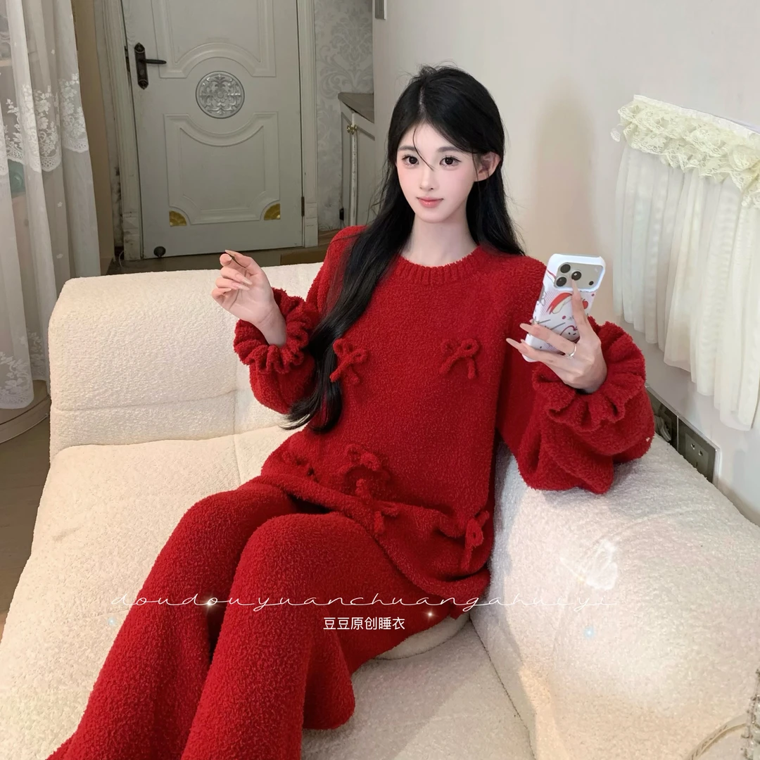 PP【红莓果酱】软绵绵可外穿半边绒可爱宽松保暖睡衣女加绒加厚