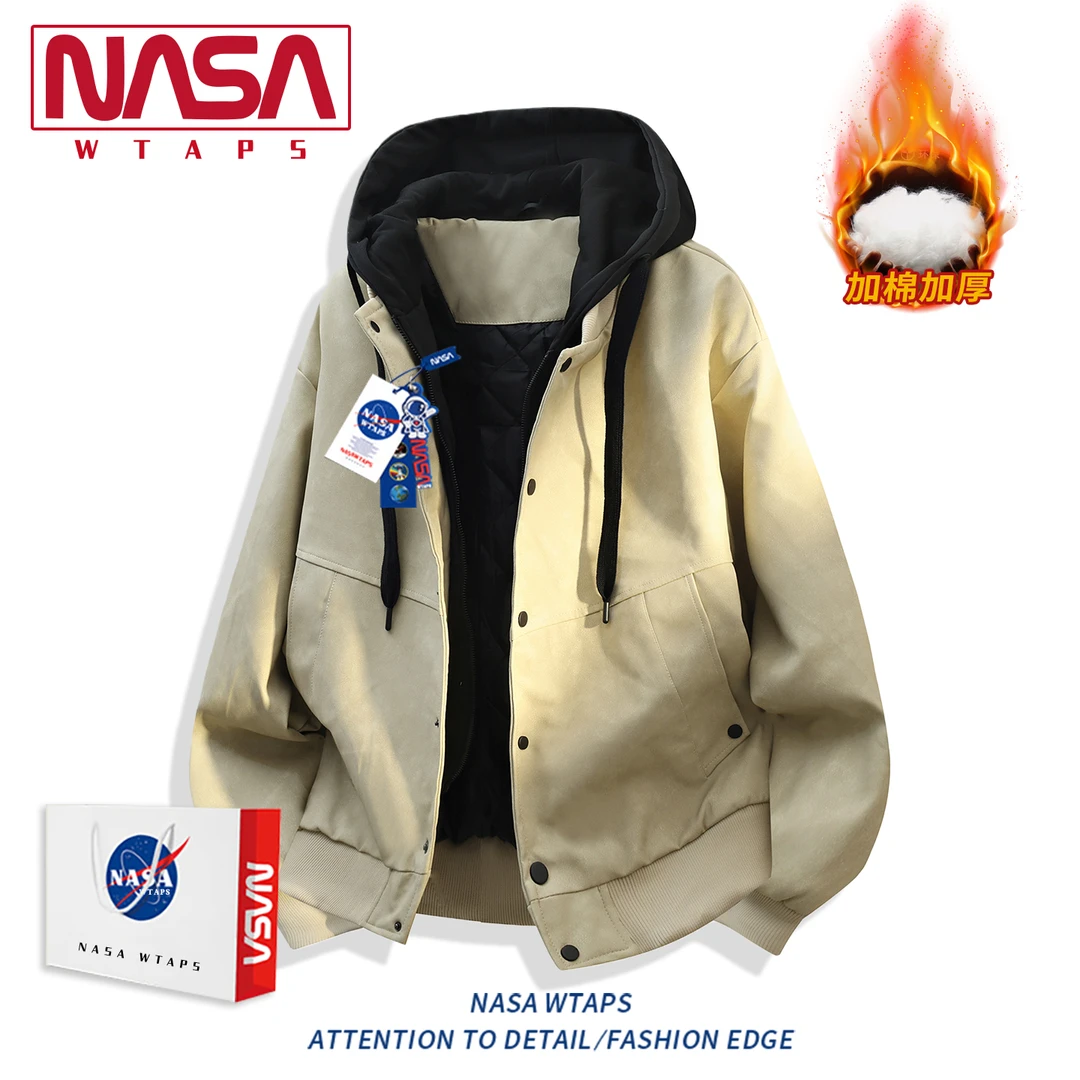 NASA WTAPS连帽皮衣假两件棉服男冬季美式痞帅街头外套加绒夹克