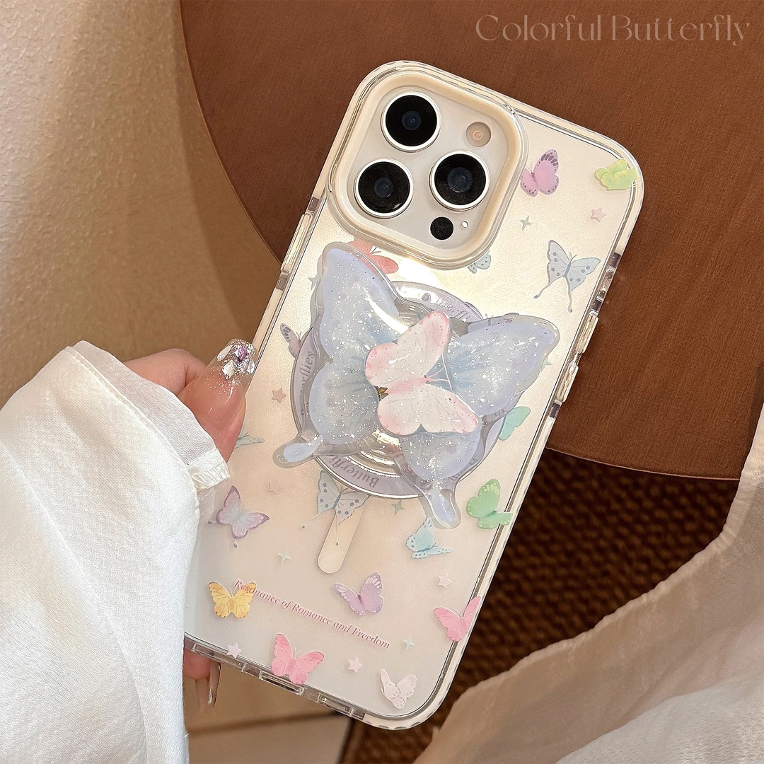 清新彩蝴蝶16promax透明iPhone15手机壳适用13旋转磁吸支架14闪粉