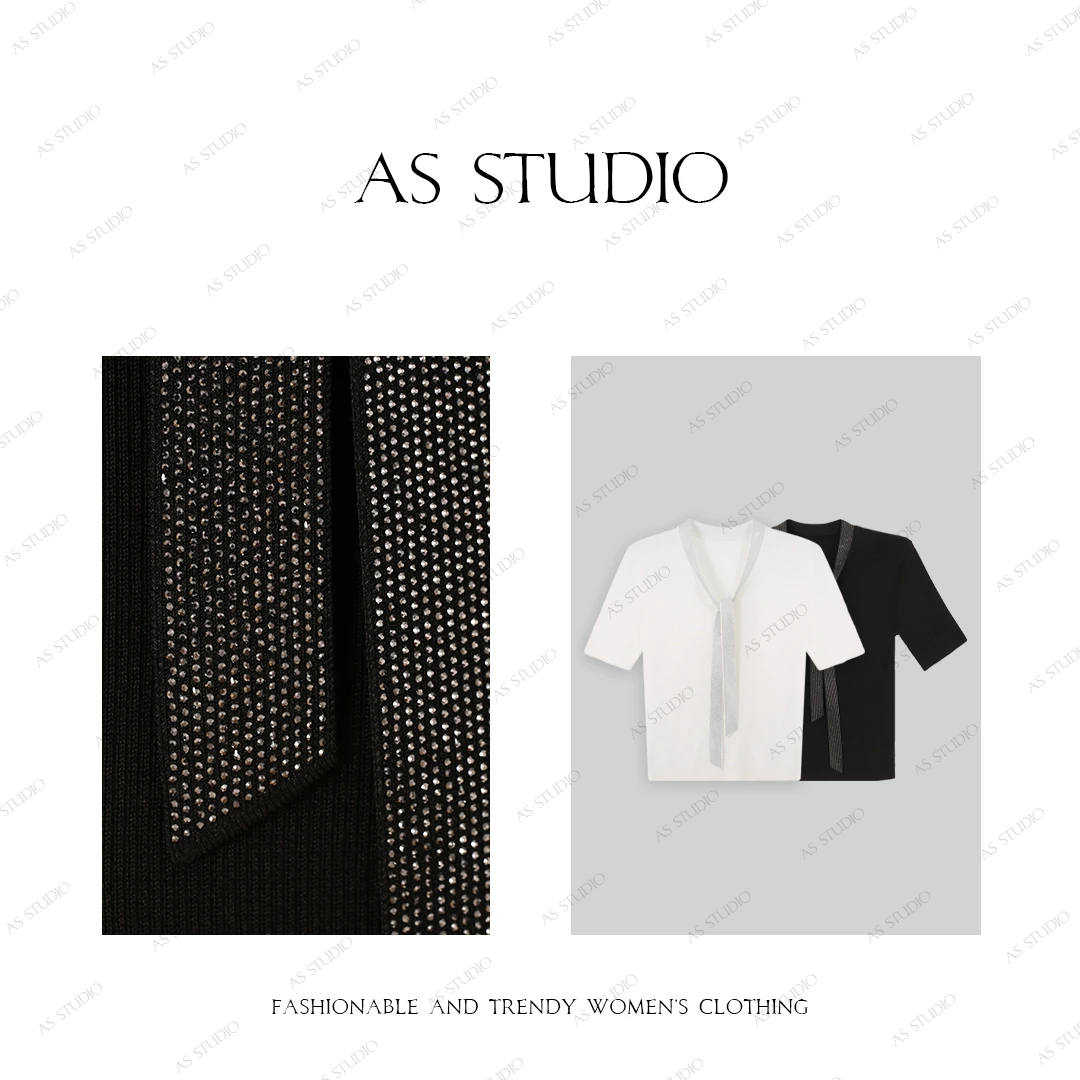 【AS项链T】25新经典老钱烫钻飘带针织V领百搭短袖AS25XTX01743