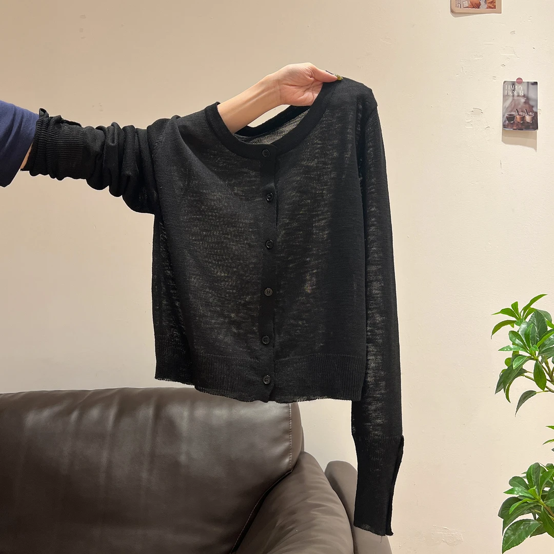 极简风黑色高级感气质薄款冰丝开衫长袖T恤上衣女2025秋夏季新款