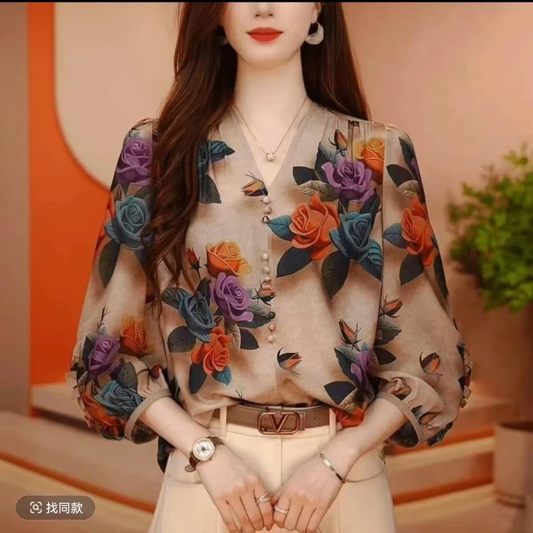 1春新款琉璃双皱丝时尚洋气百搭显瘦休闲气质印花国风小衫