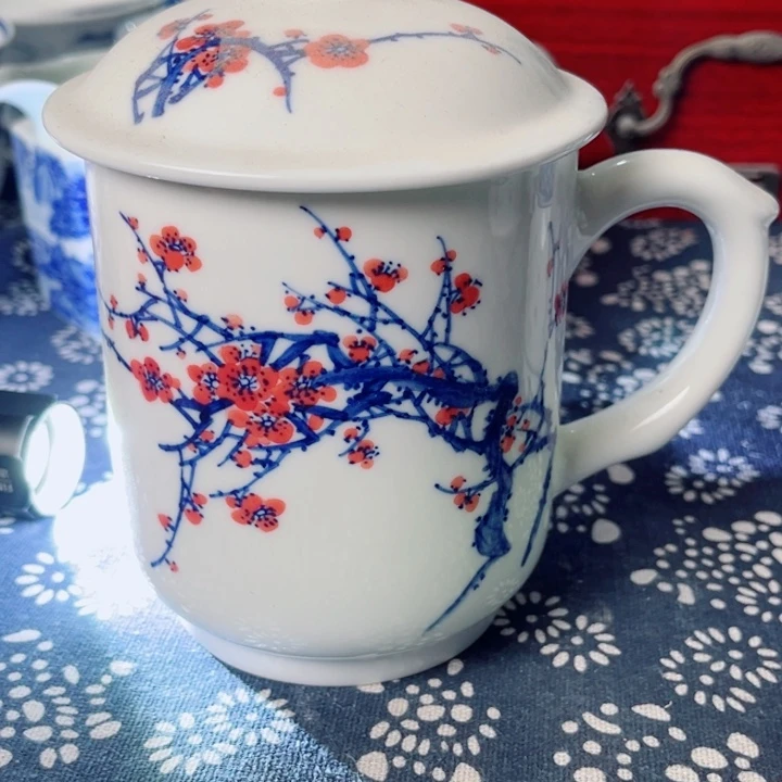 青花玲珑办公杯手绘梅花
