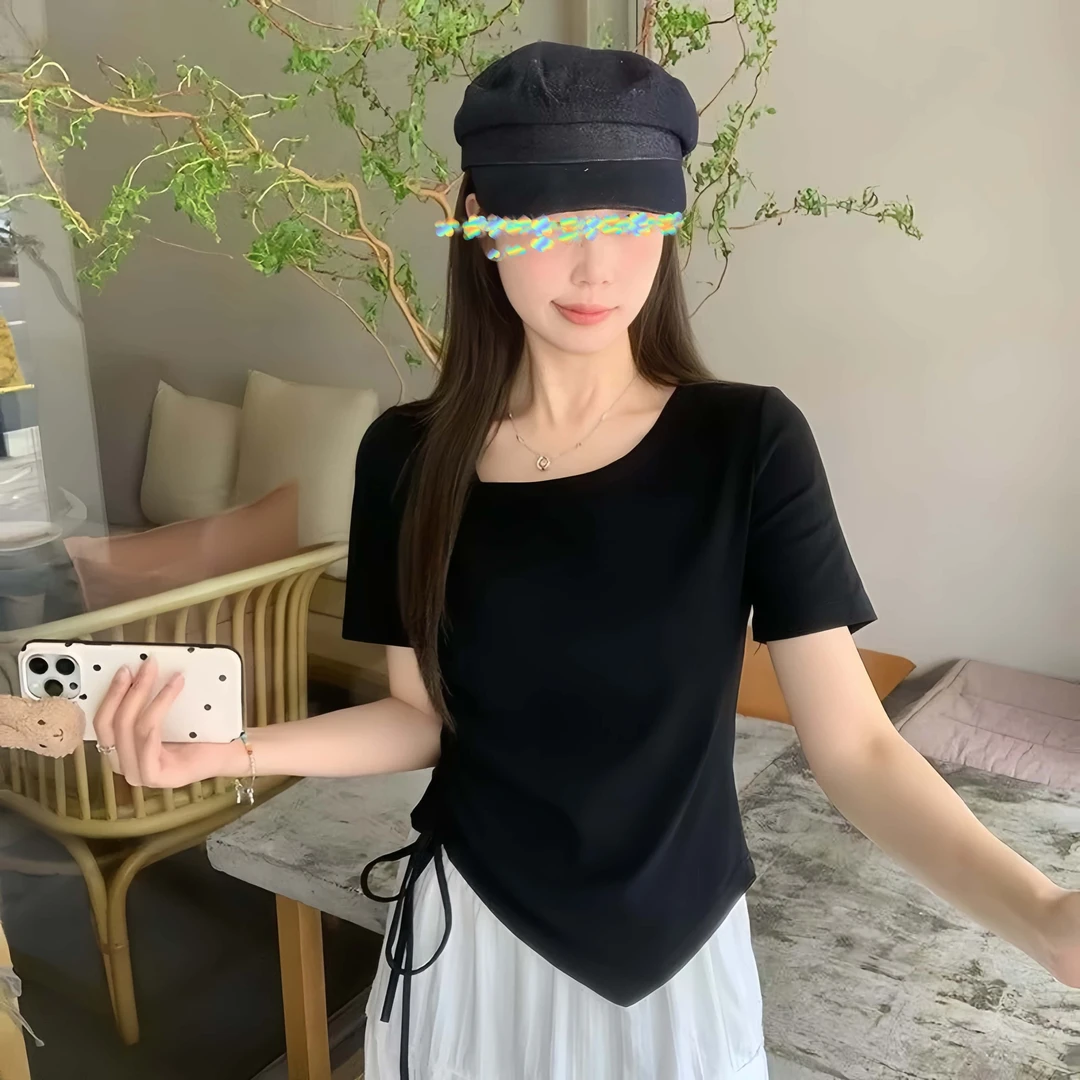 2025夏装新款胖mm大码女设计感不规则抽绳小众短袖T恤出游服装女