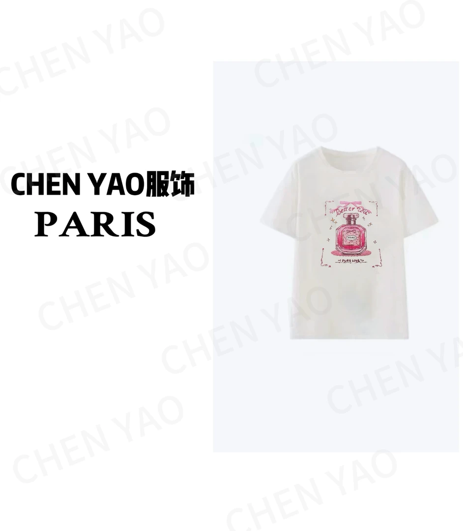 【粉色邂逅】ss25年新款 重工水钻手工彩绘工艺 时尚高级短袖百搭