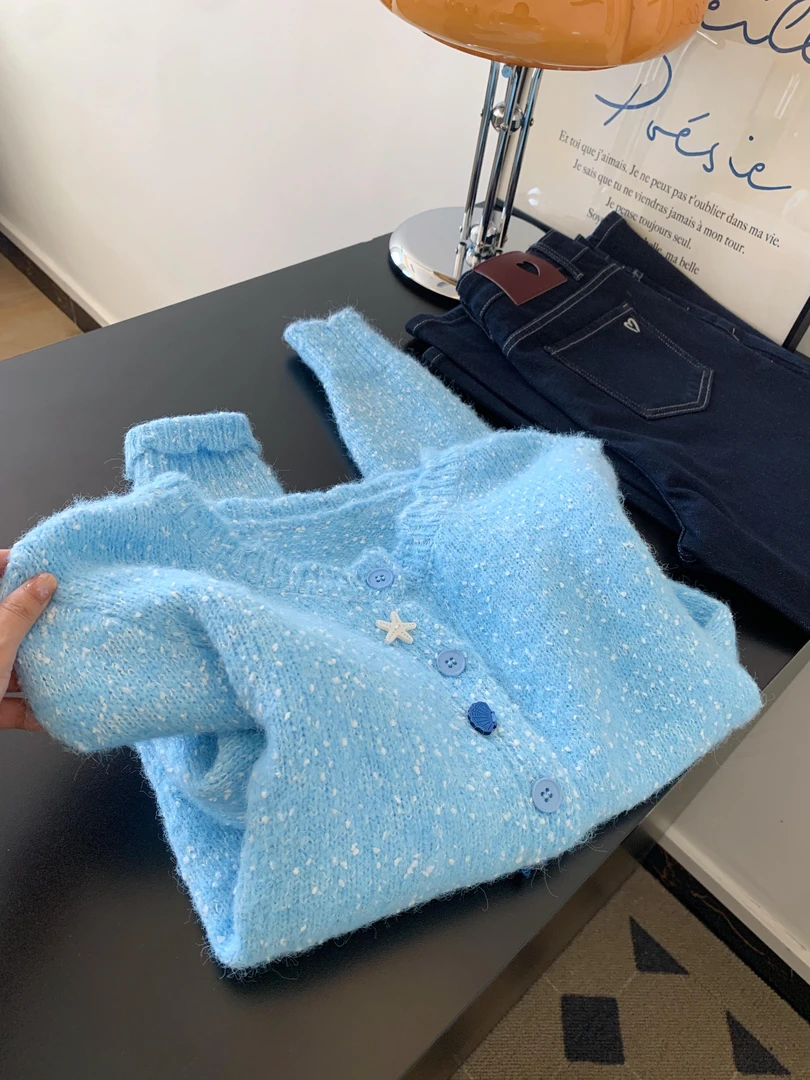 海盐蓝软糯高级感针织开衫女装秋季2025新款温柔风百搭小个子毛衣