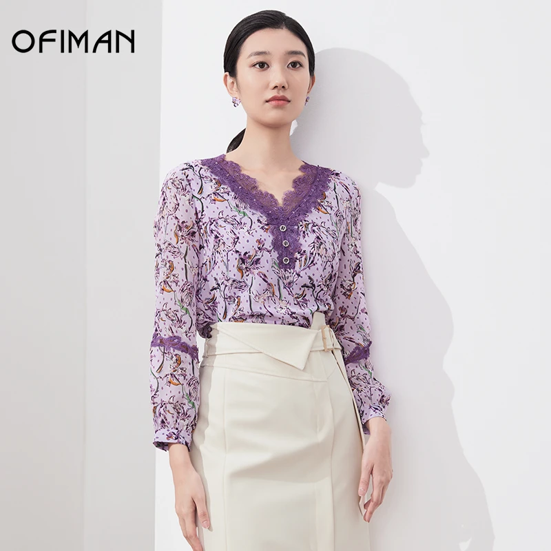 【粉丝专属】Ofiman年秋季新款印花上衣V领勾花镂空通勤衬衫