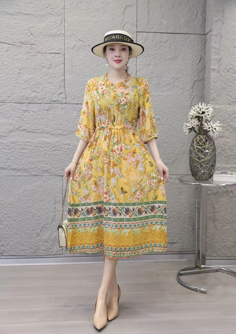 S  夏季妈妈装连衣裙领休闲中长款裙子腰带  名族风