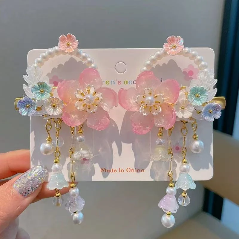 中国风儿童汉服发卡超仙气古风发夹步摇流苏花朵对夹琉璃边夹2491