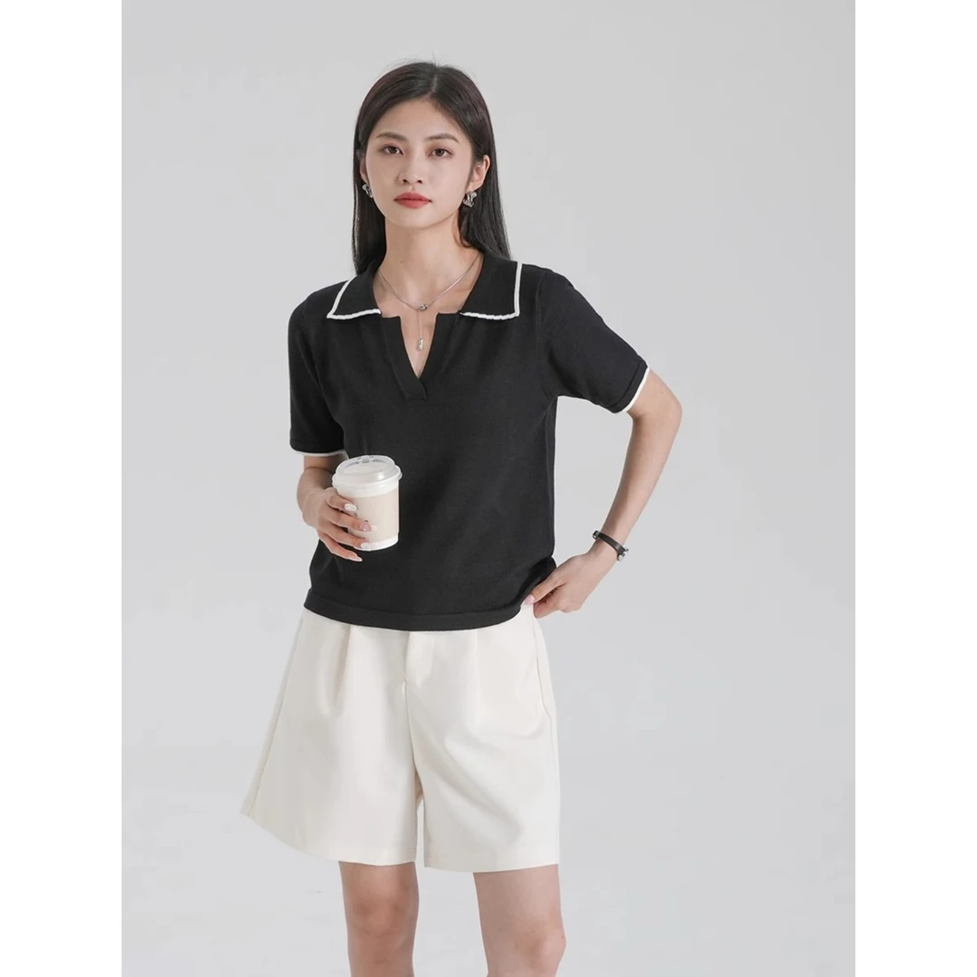 黑色polo领短袖T恤女2025新款夏季冰丝针织内搭打底正肩休闲上衣