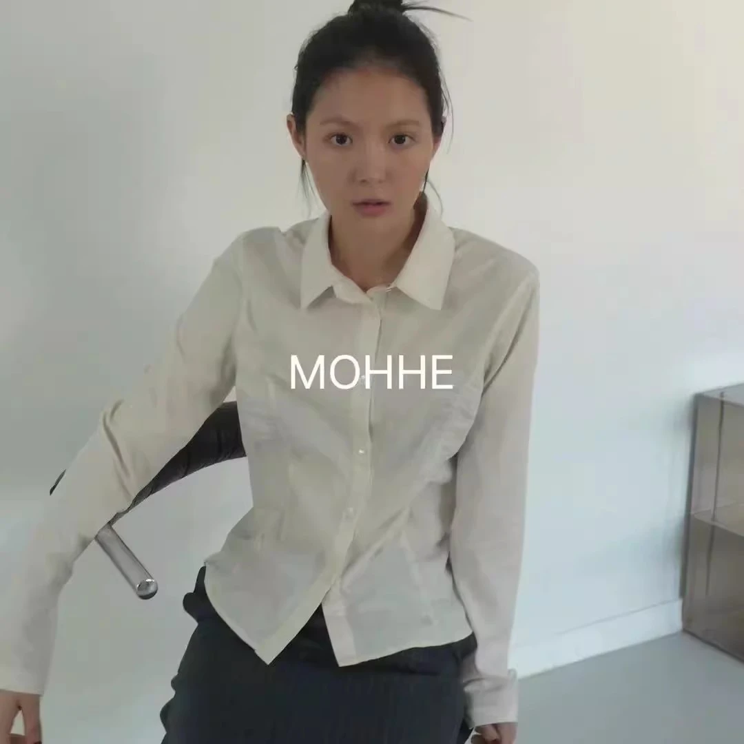 现货！mohhe韩国东大门纯色抽褶显瘦翻领白色长袖衬衫上衣衬衣