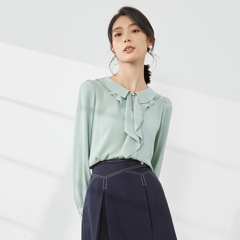 曼贝欧若风8393153衬衫女时尚纯色显瘦上衣宽松气质衬