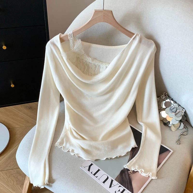 法式拼接假两件长袖T恤女2025年秋季新款打底衫纯欲荡领上衣