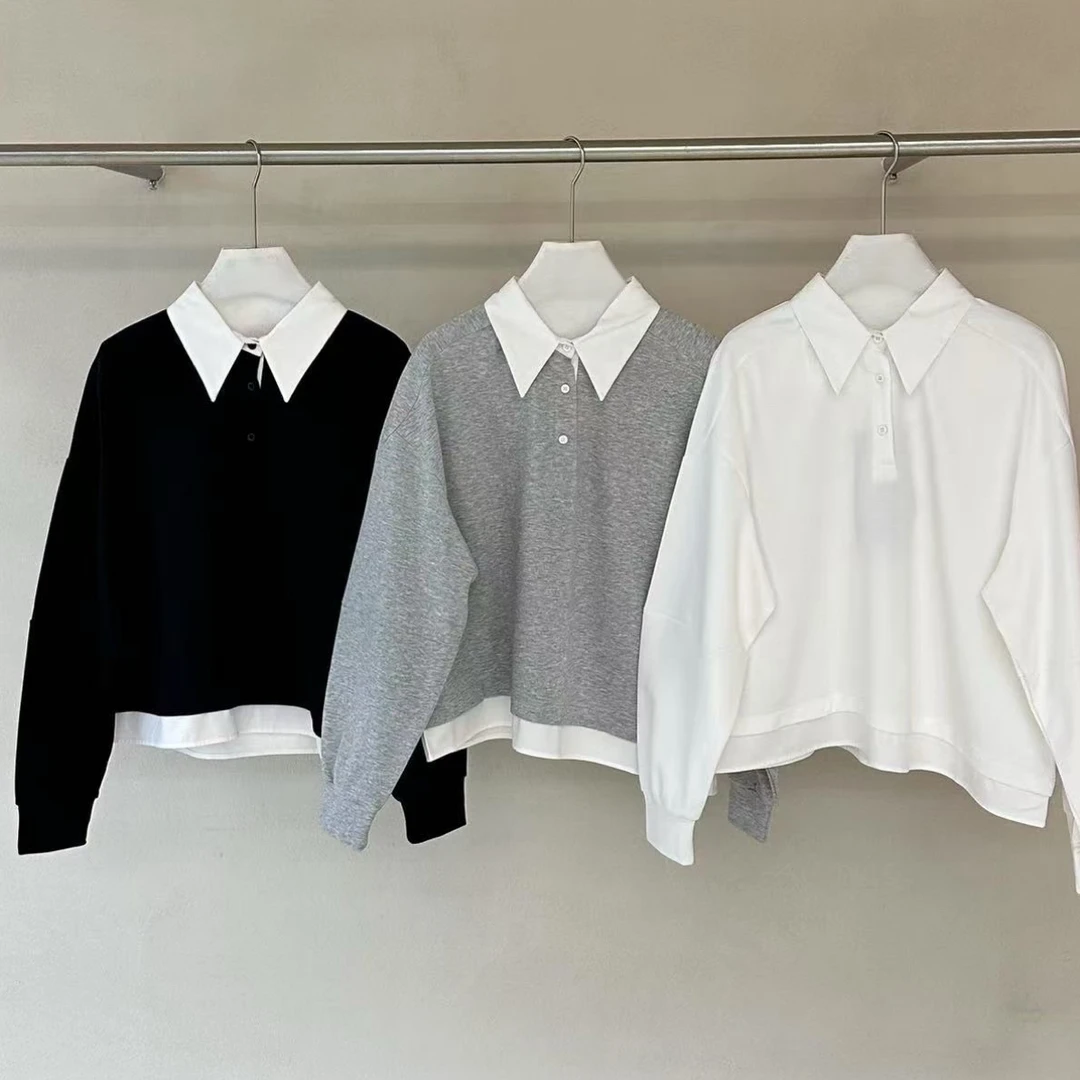 Polo拼接套头翻领纽扣套头卫衣宽松小众长袖上衣