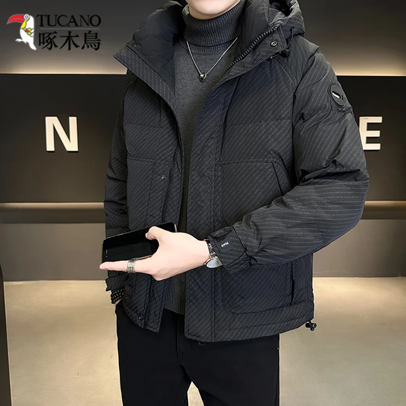 啄木鸟痞帅连帽羽绒服男款2025新款短款加厚保暖鸭绒男士冬季外套