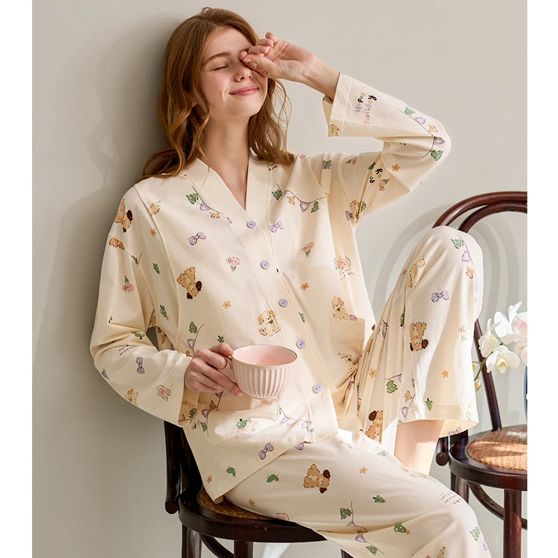 芬腾月子服女睡衣春秋季纯棉长袖套装产妇孕妇产后哺乳抗菌家居服