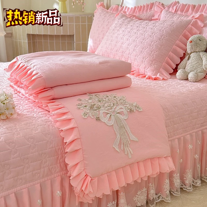 法式公主风水洗棉绣花夏被床盖款四件套花边夏凉被夹棉床盖三件套