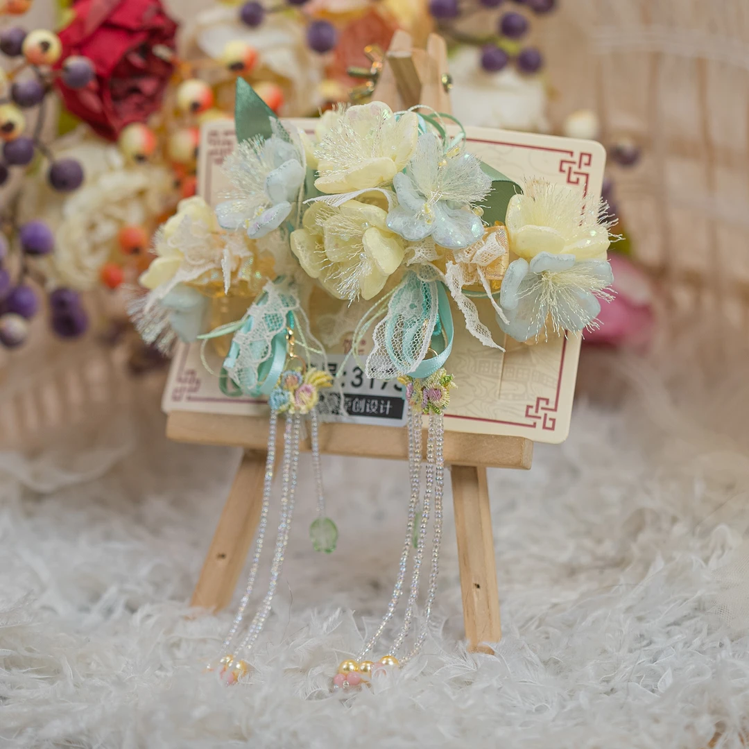 饰阿梁3173 鹅黄与樱抓夹花朵流苏夜光头饰儿童小女孩发饰可爱