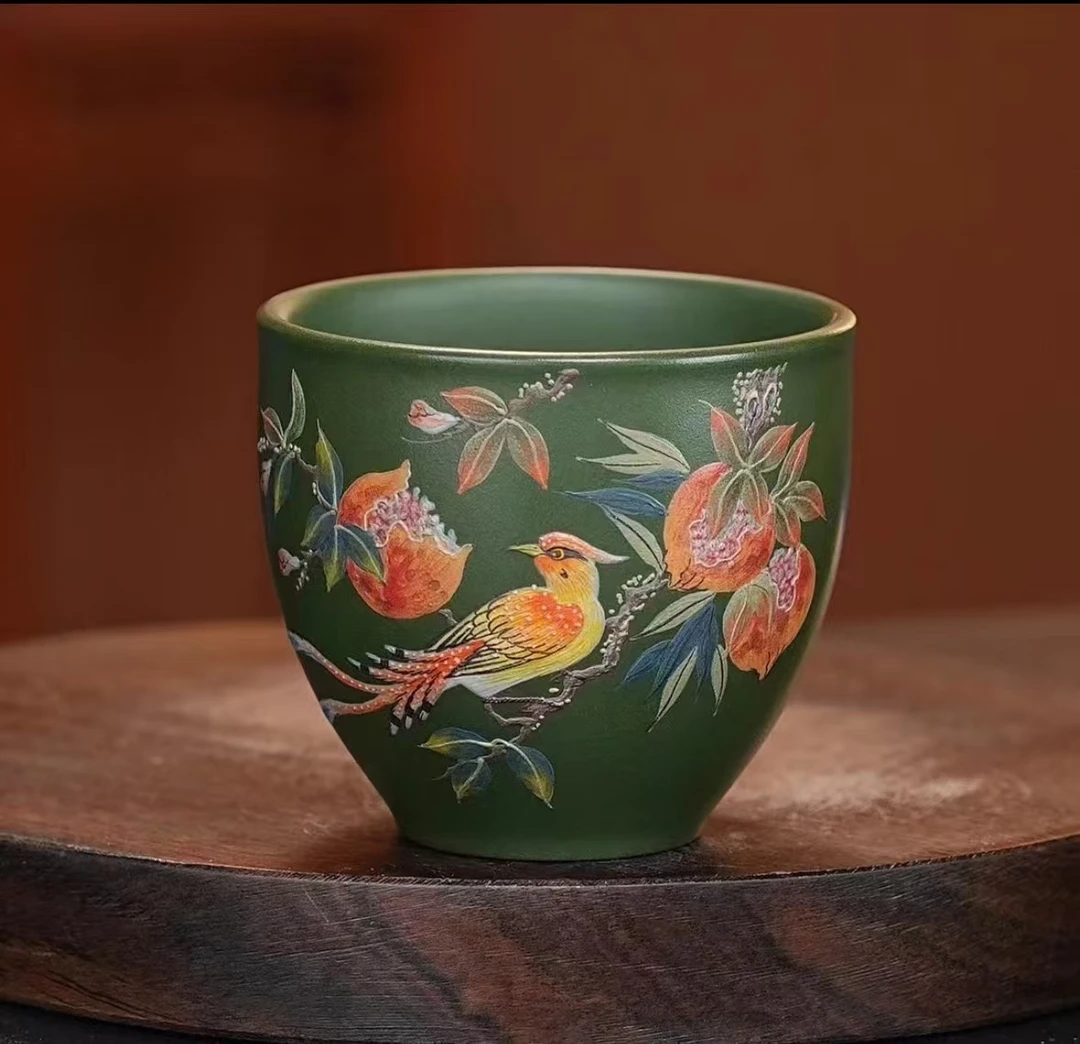 214宜兴茶具原矿绿泥堆绘石榴花鸟紫砂主人杯茶具LQ茶杯紫砂茶杯