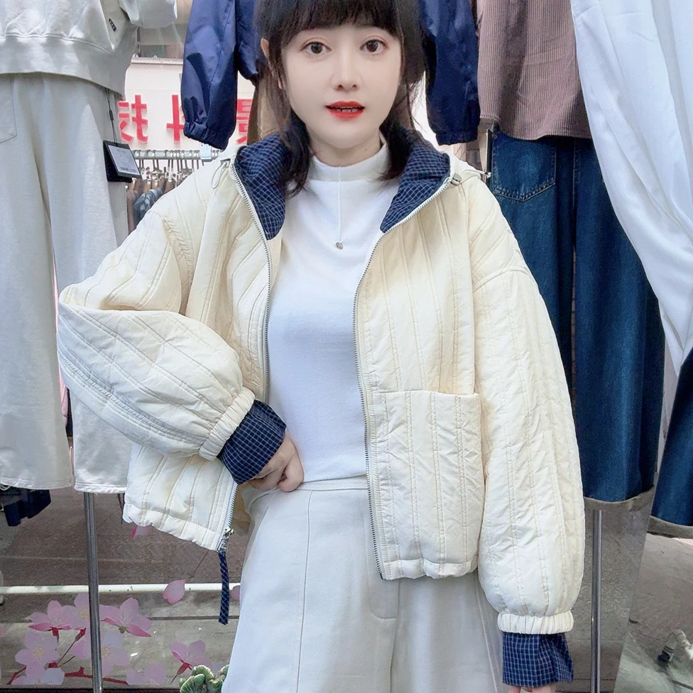 秋季新品连帽韩版宽松压格设计学院风通勤减龄夹棉薄棉外套青春女