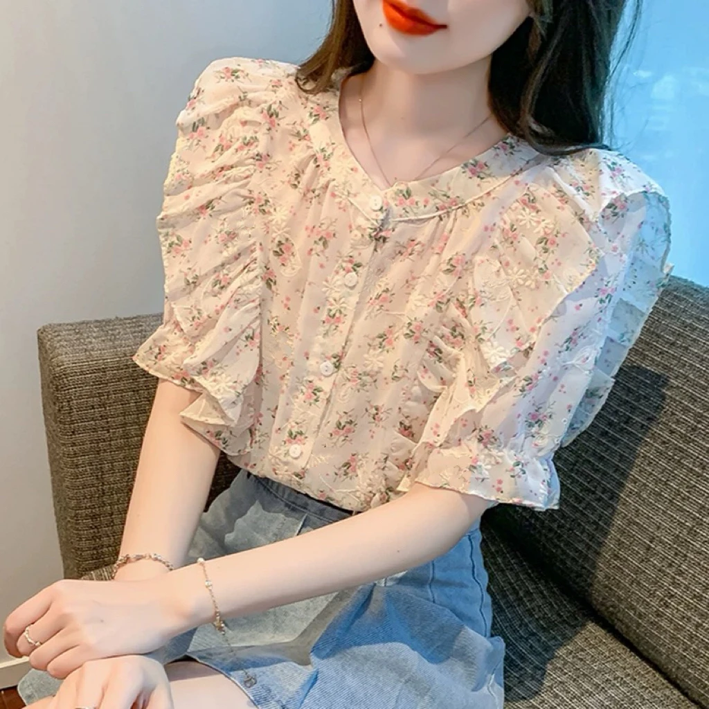 荷叶边碎花雪纺衬衫女夏季2025新款甜美气质短袖衬衣洋气小衫上衣