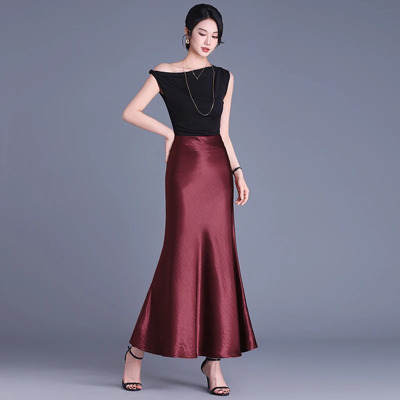 AiQian艾仟绸面气质长裙2025夏季新款高腰显瘦时尚百搭休闲鱼尾裙