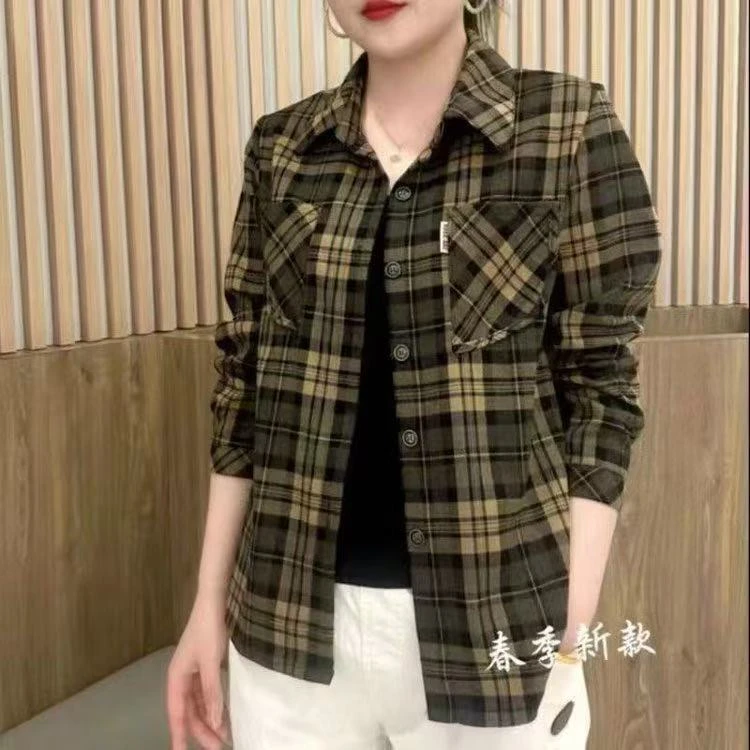 秋冬翻领格子妈妈春秋衬衫秋冬季韩版女装休闲