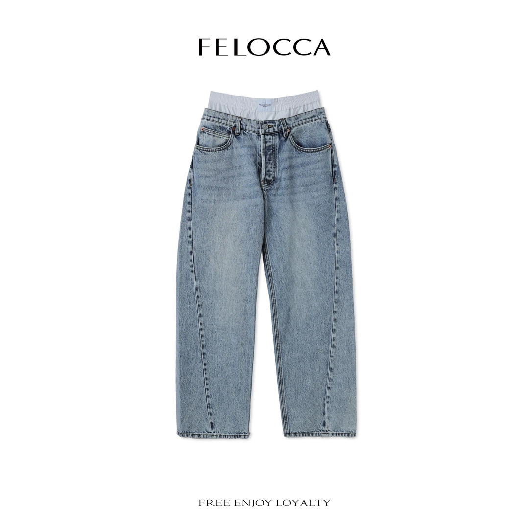 【FELOCCA】双腰拼接设计宽松牛仔裤宽松独特别致裤子CC2579