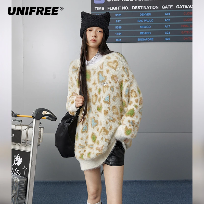 0215【金拐子专属】UNIFREE仿貂毛豹纹套头毛衣U244K177K2A1