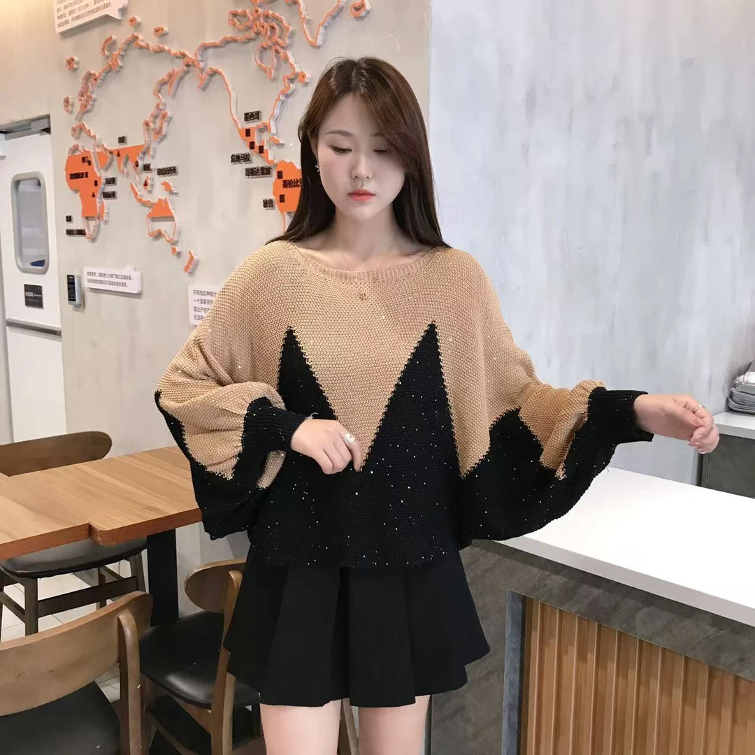 2025秋季新款韩版撞色亮片蝙蝠袖针织衫时尚宽松显瘦女