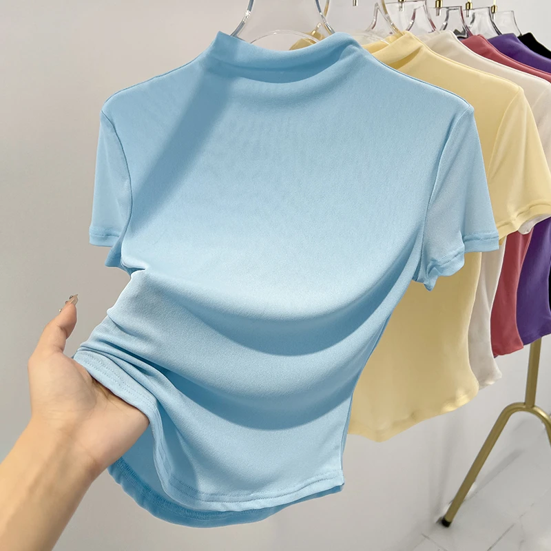 小众蓝色设计感半高领正肩T恤上衣女夏季时尚百搭短袖修身打底衫