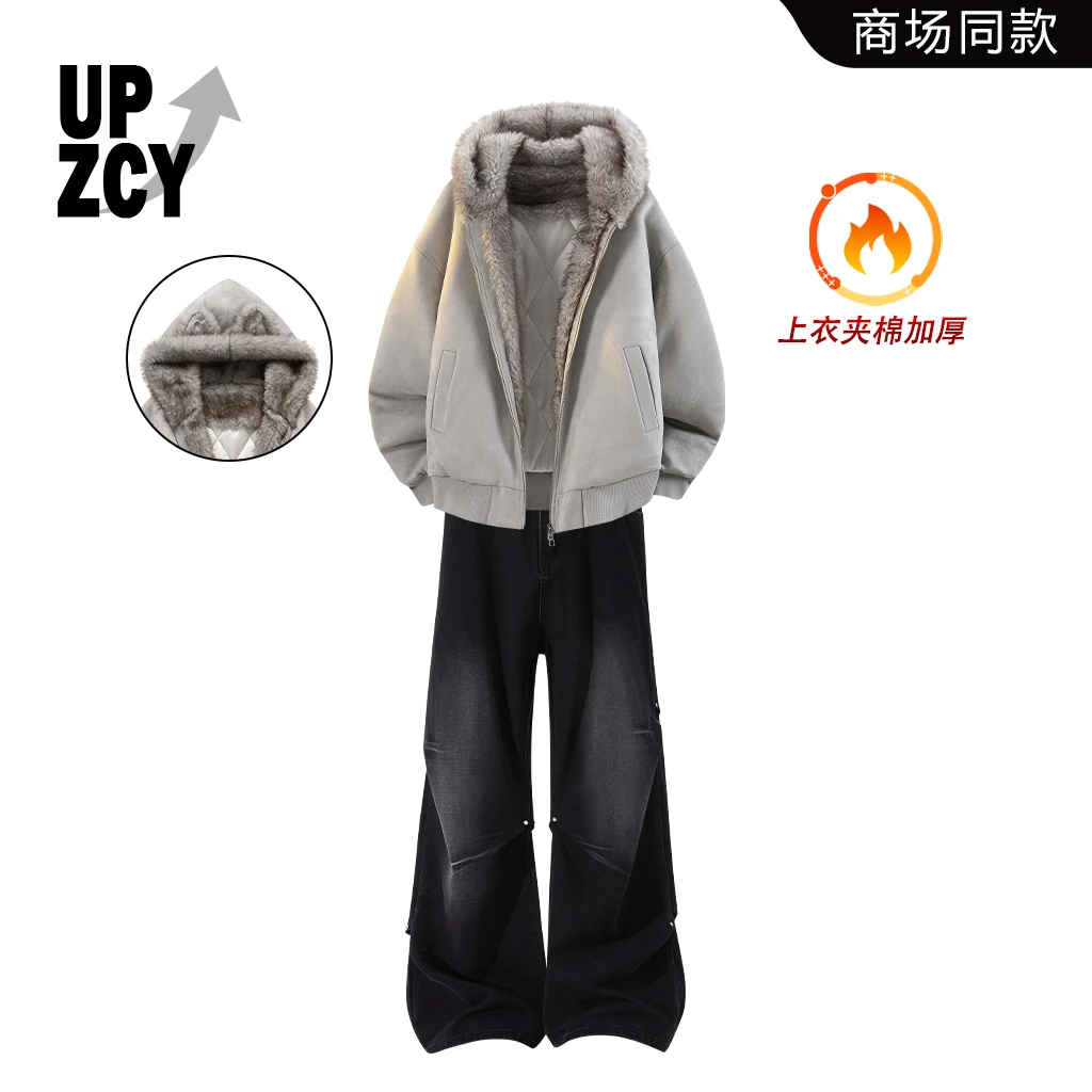UPZCY美式街头高级感男士保暖棉服套装2025冬季新款加绒牛仔裤男