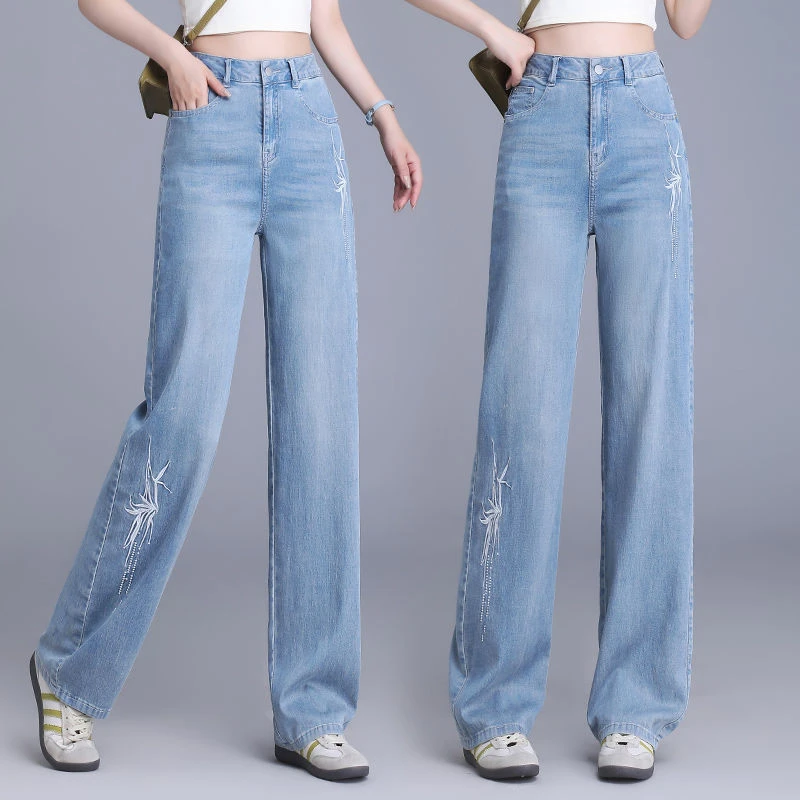 新中式刺绣天丝直筒牛仔裤女薄款高腰宽松垂感显瘦显高阔腿拖地裤