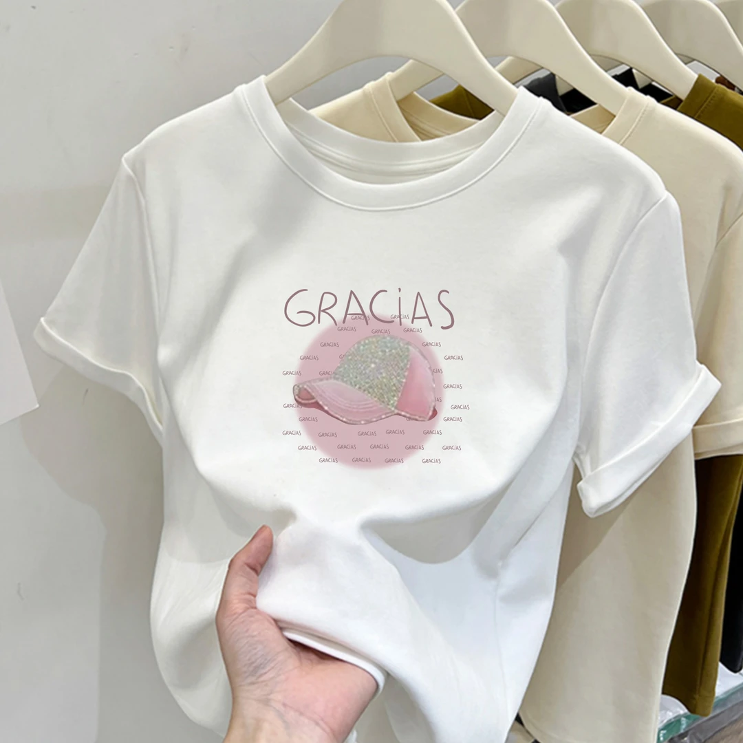 纯棉圆领T恤2025夏季新款短袖显瘦时尚百搭修身印花白色上衣潮