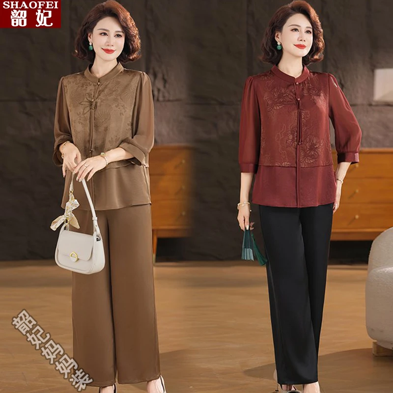 新款妈妈夏套装中老年女大码洋气时尚上衣高档两件套复古中式国风