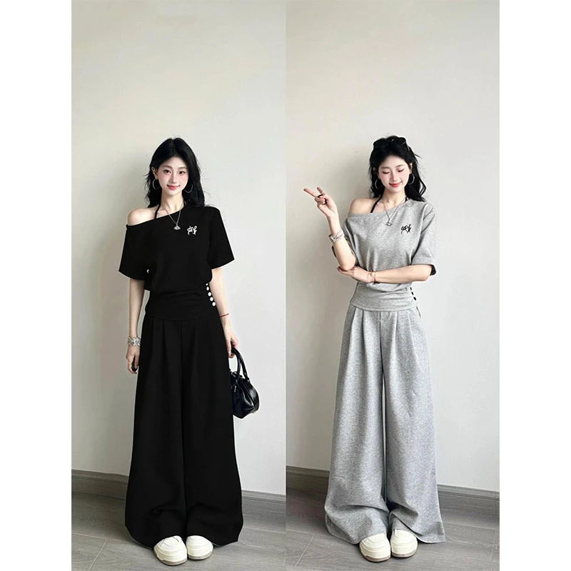 黑色显瘦休闲运动服套装女学生夏季韩版修身收腰短袖阔腿裤两件套