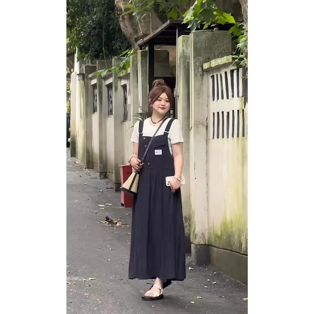 晶咕【时光午后】斜扣贴标设计收腰背带连衣裙显瘦气质休闲夏季