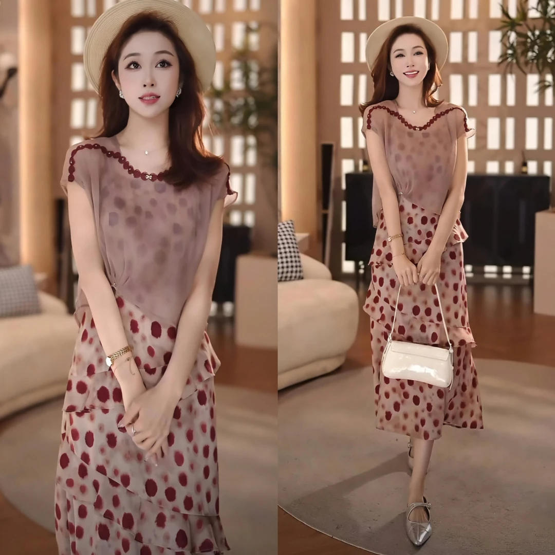 夏季新款波点短袖罩衫上衣高腰显瘦遮肉连衣裙气质套装洋气衣服女
