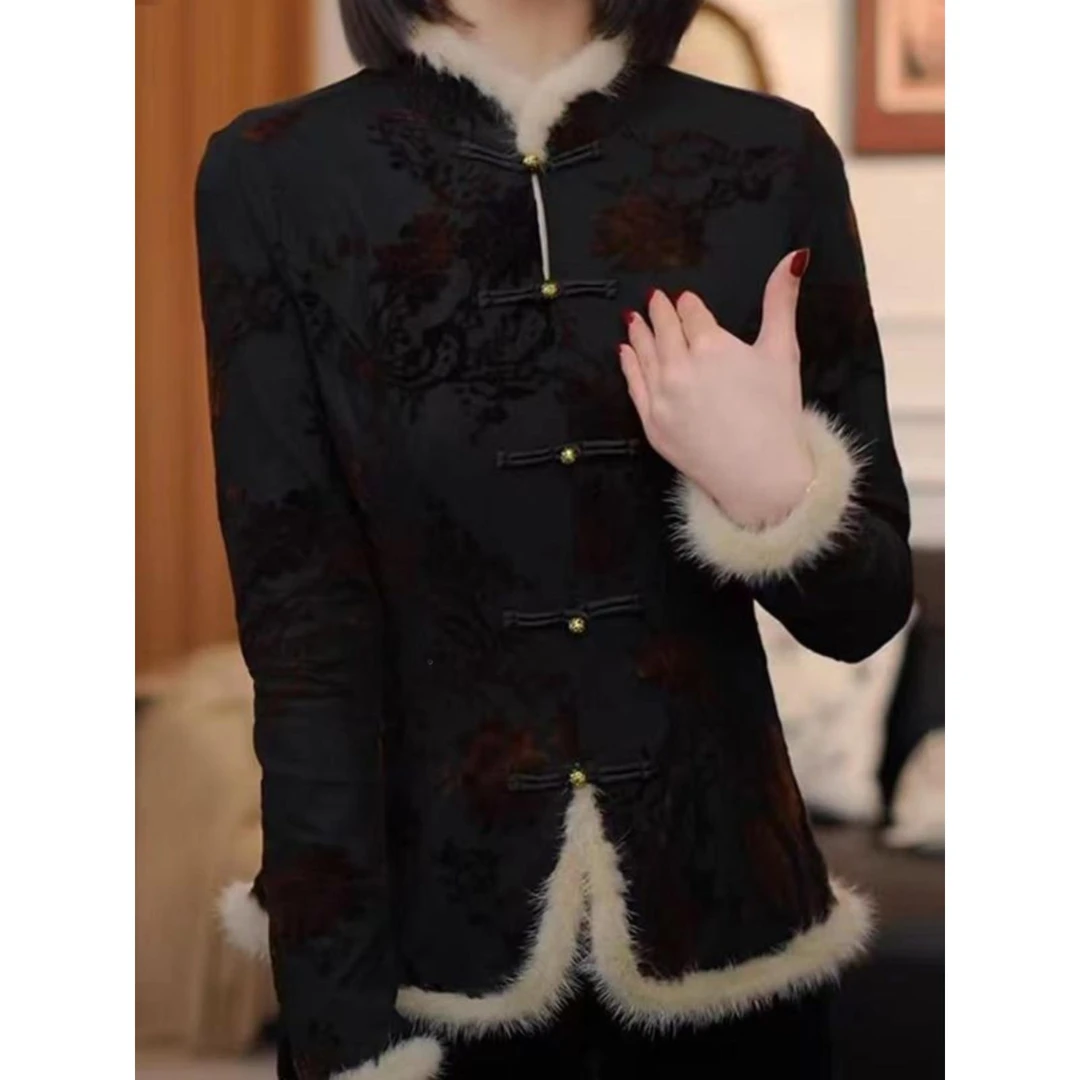 秋冬新款中国风丝绒加厚底衫加绒女装拉丝覆古多用途拼接暖上衣