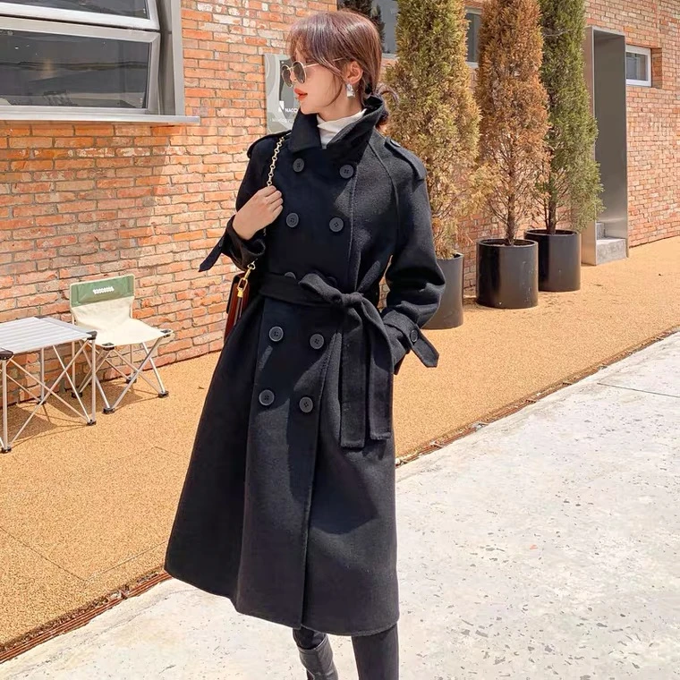 052# 时尚翻领黑色双排扣大衣22-70#