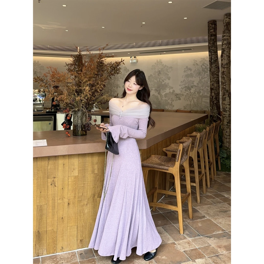 2025秋冬季新款法式一字肩设计感百搭紫色修身内搭长裙连衣裙女潮