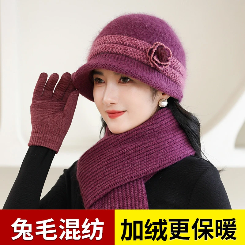 中老年人帽子时尚女冬季女士妈妈兔毛针织加绒奶奶老太保暖毛线帽