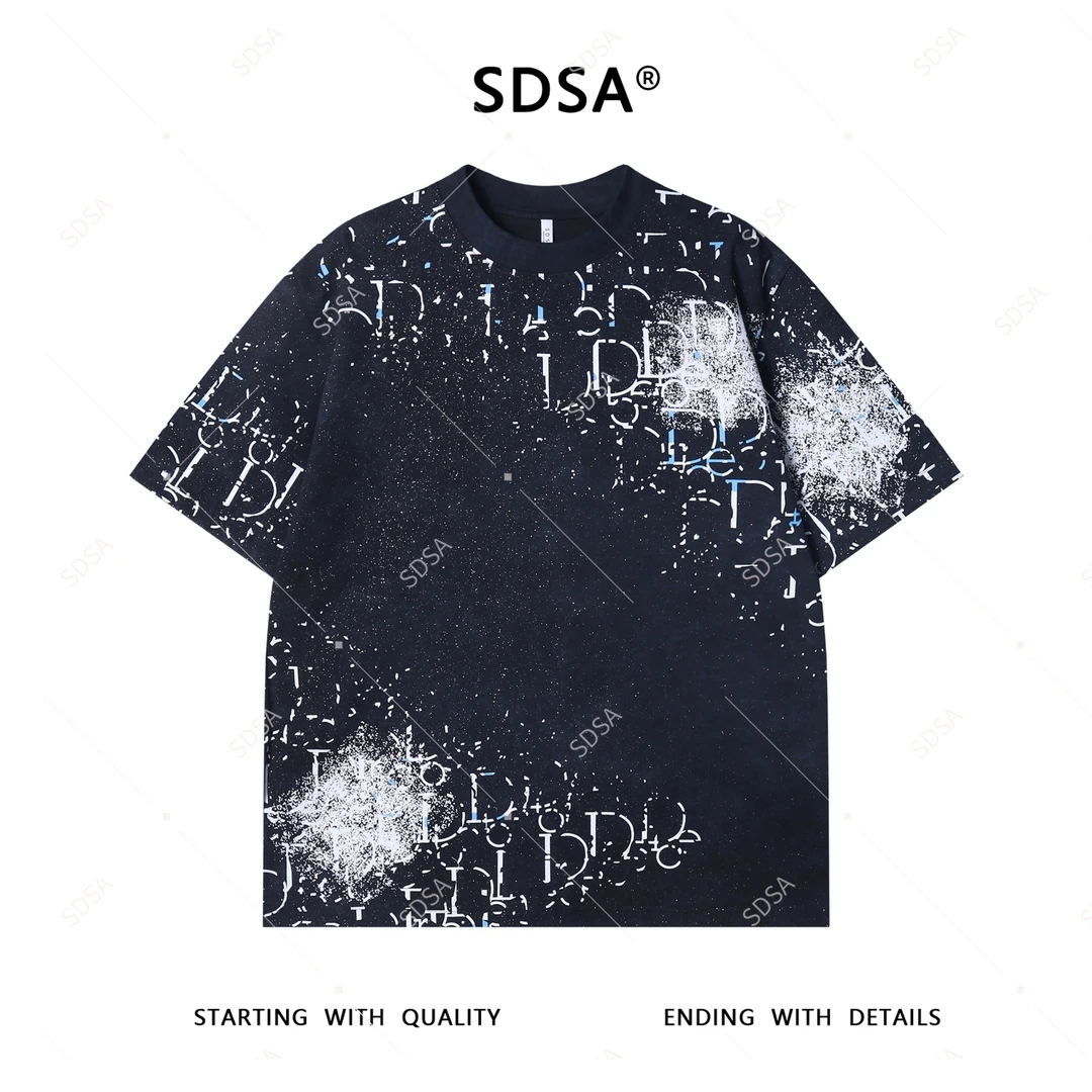 夏季高级感新款男士美式字母印花满天星短袖T恤宽松痞帅圆领上衣